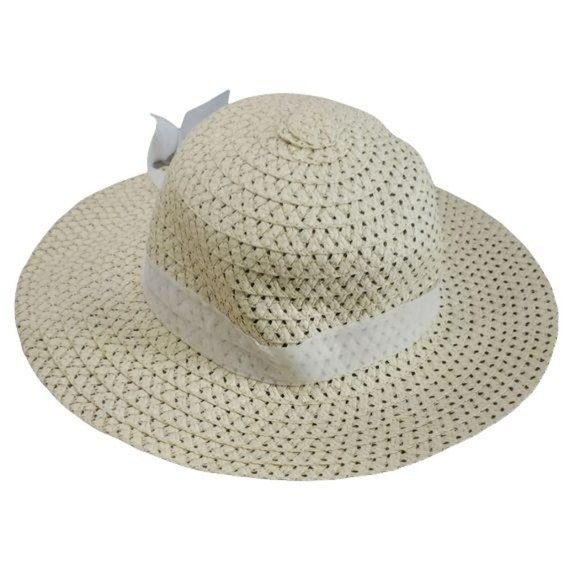 Women’s Straw Sun Beach Hat White Ribbon Floppy Spring Summer - Picture 1 of 5